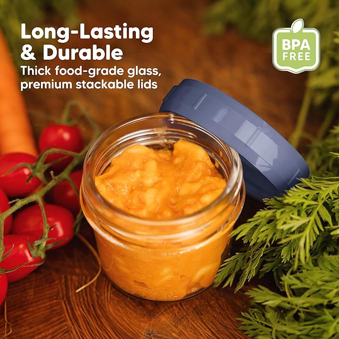 KeaBabies 12pk 4oz Glass Baby Food Containers with Lids - Leak-Proof, Microwavable Small Glass Jars, Baby Purees & Toddler Snack Storage Containers, BPA-Free, Dishwasher & Freezer Safe (Sunset)