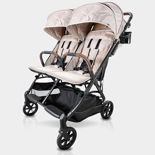 Lightweight Double Side by Side Stroller - 22 Lbs, 9.5" Compact Fold, Twin Nap Ready Seating, No Rethread Harness, Magnetic Buckle & Ultra Plush Seat 60Lb Per Seat- (v2 Fawn)