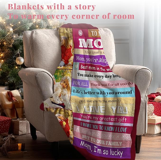 Personalized Mothers Day Birthday for Mom Custom Throw Blanket with Pictures, Customized Photo Blankets Gift for Mom Women Grandma Wife from Daughter Son Kids Husband(mom Stripe)