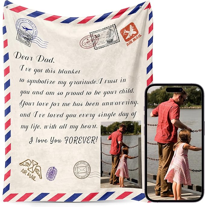 Personalized Fathers Day Birthday for Dad Custom Throw Blanket with Pictures, Customized Photo Blankets Gift for Daddy Men Grandpa Husband from Daughter Son Kids Wife (dad Letter)