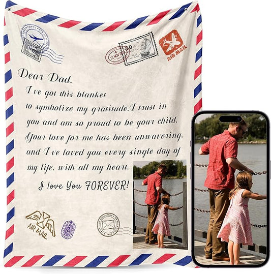 Personalized Fathers Day Birthday for Dad Custom Throw Blanket with Pictures, Customized Photo Blankets Gift for Daddy Men Grandpa Husband from Daughter Son Kids Wife (dad Letter)