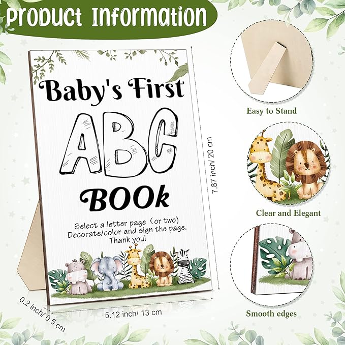 Geelin 51 Pcs Fun Baby Shower Game Activities First ABC Book Sign Coloring Game Card 26 Alphabet a to Z Coloring Card with 24 Watercolor Pen Storage Bag for Baby Shower Party(Safari)