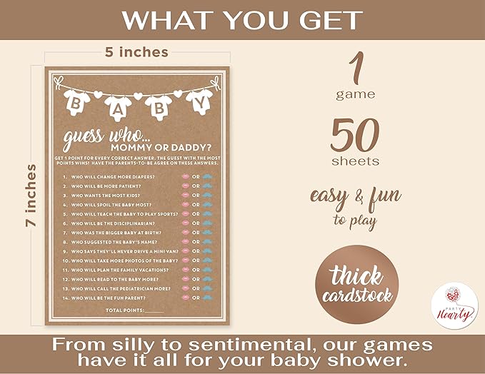 Party Hearty Baby Shower Games for Girl or Boy, 50 pcs Mommy or Daddy Guess Who Game, Fun Activity Cards, Gender Neutral, Ideas