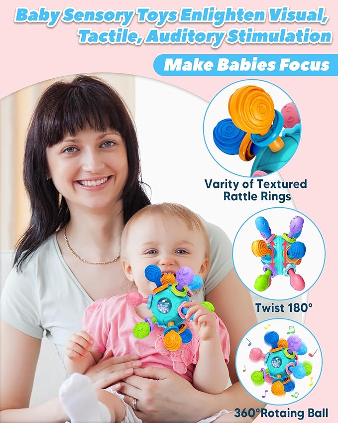 Baby Teething Toys for Babies Infants, Tummy Time Montessori Toys for Babies, Newborn Infant Rattles Chew Sensory Toys, Baby Shower Gifts for Boys