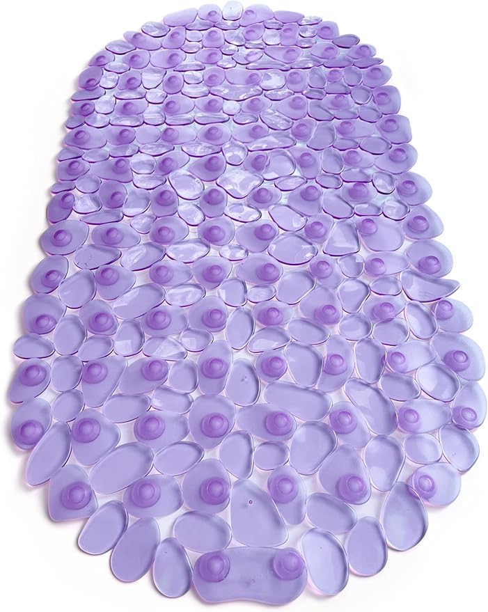 “Pebbles” Non-Slip Bathtub & Shower Mat 27”x14” Oval - Non-Toxic - Safe, Clean, Machine-Washable, Superior Grip & Drainage, Vinyl, for Smooth Floors ONLY, Transparent Purple