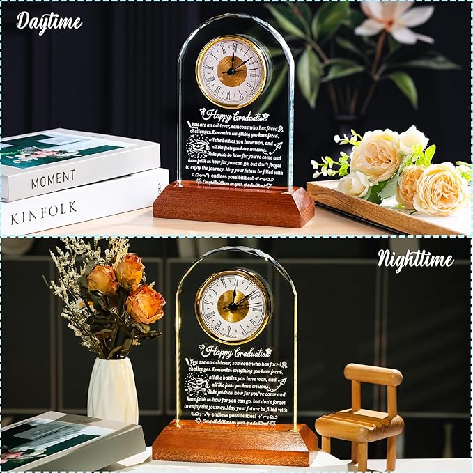 Glass Clock Graduation Gifts for Women Men with Wooden Light Base Class of 2025 Graduation Keepsakes for Her Him Inspirational Gifts Idea for College High School PHD Masters Degree