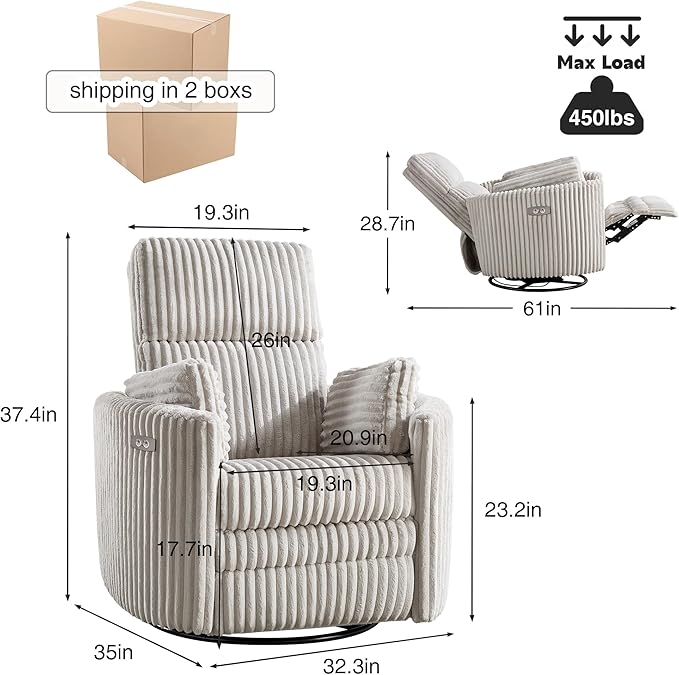 Recliner Swivel Glider Electric Rocking Chair with USB Living Room Bedroom Upholstered Highback Nursery Adult Power Recliner Rocking Chair with 2 Pillows(LIGHTGREY Corduroy, Power-Driven)