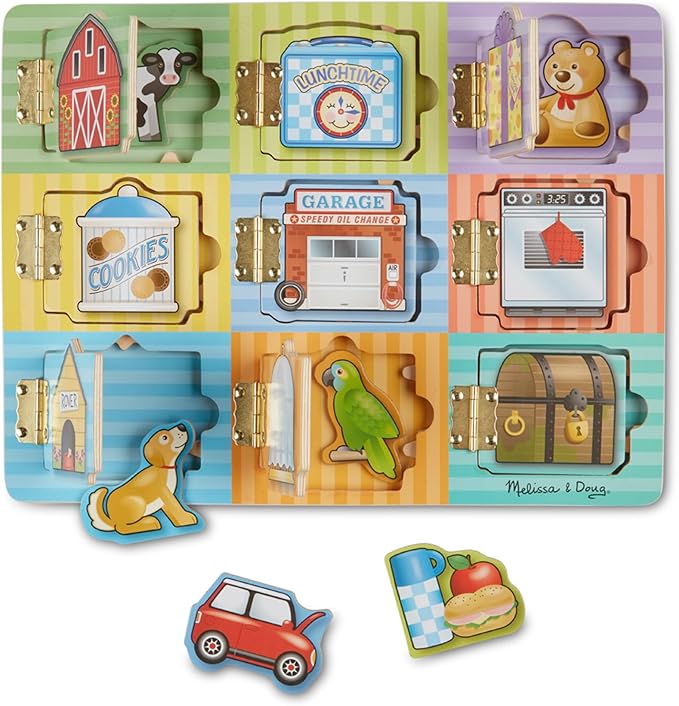 Melissa & Doug Wooden Hide & Seek Activity Board – Montessori Busy Board with Hinges, Doors & 9 Wooden Magnetic Puzzles, Educational Preschool Learning Toy for Toddlers & Kids Ages 3+