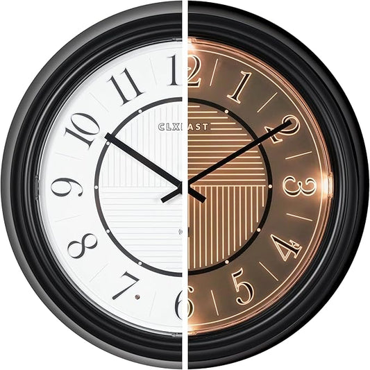 CLXEAST 14 Inch LED Illuminated Indoor Outdoor Atomic Analog Wall Clock Battery Operated, Glow in The Dark Wall Clock for Living Room, Home Office,Bathroom,Kitchen,Oil Rubbed Bronze Black Finish