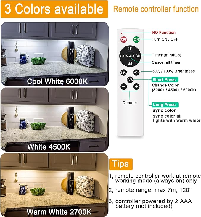 Diomart 3 Pack Under Cabinet Lights Wireless, 64 LEDs Dimmable Motion Sensor Closet Lights with Remote, Rechargeable Under Counter Lights for Kitchen, Wardrobe, Hallway, Stairs, 3 Color Temperatures