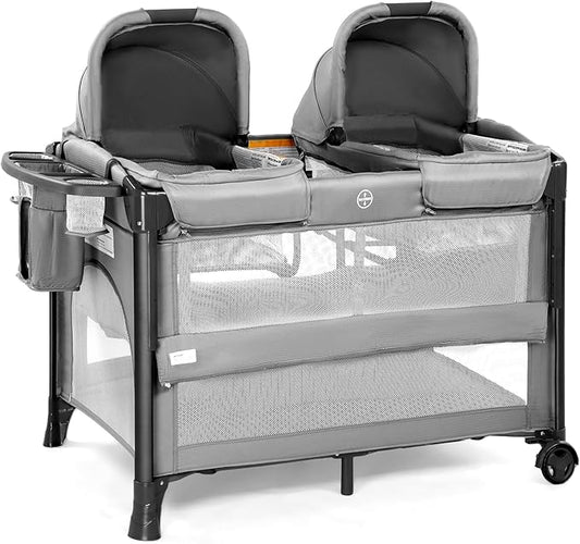 JOYMOR Twin Bassinet for Baby, Bedside Bassinet, Convertible to Bedside Sleeper and Playpen, with Wheel, Brake, Foldable Side Sleeper, Gray