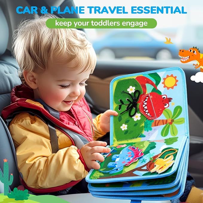 JoyCat Toddler Dinosaur Busy Book, Busy Board for 2 3 4 5Year Old -Travel Toy Quiet Activity Book, Life Skills & Fun Games - Autism Sensory Toy, Toddler Easter Basket Stuffers Gifts