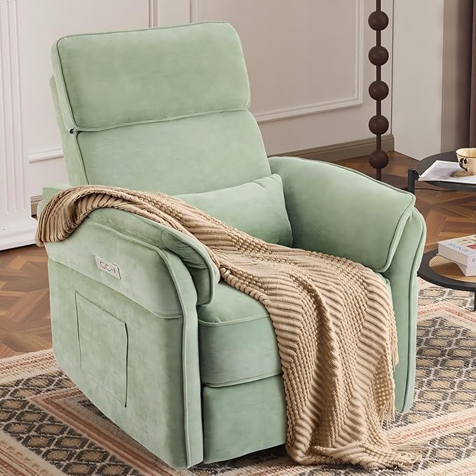 MELLCOM Power Recliner Rocking Chair Nursery Gliders with Adjustable Armrests and Headrest, Swivel Electric Glider Reclining Nursing Chair with USB Port and Storage Bags, FSC Certified(Fabric, Green)