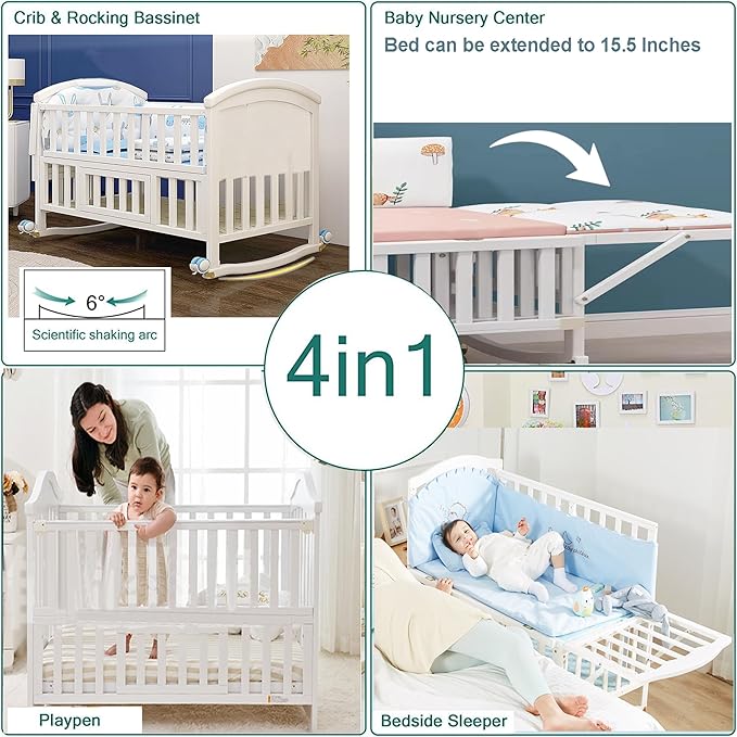 Portable Mini Baby Crib 4 in 1 with Memory Foam Mattress(38"by24") Included, Cunas para Bebes 2025 Convertible Crib 6 in1 with Foldable Storage Baby Playpen Bassinet Bedside Sleeper Bed(White)