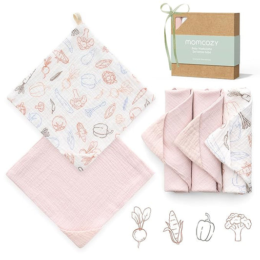 Momcozy Soft & Absorbent Baby Washcloths - 4 Layer Design| Medium Thickness| Premium Cotton for Newborns' Skin-Great for Bathing, Wiping & on-The-go Use, Shower Gift and Essential(5 Pack, 10x10 inch)