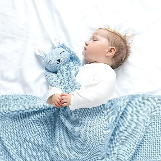 LAWKUL Bunny Lovey Baby Blanket Soft Plush Security Blanket Knit Snuggle Comfort for Newborns Toddlers Boy Girl Blue 40x30in