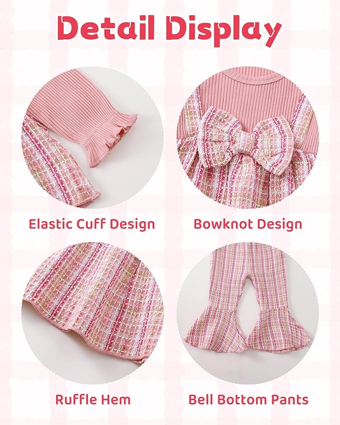 Kucnuzki Toddler Baby Girl Clothes Outfit Long Sleeve Plaid T Shirt Top Flare Leggings Pants 2 Piece Outfit Kids Clothes