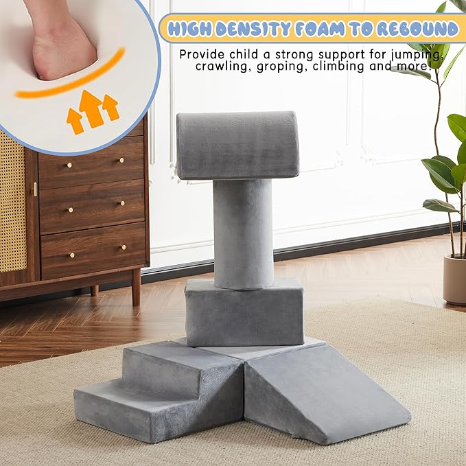 jela Kids Foam Climbing Blocks 6Pcs Soft Play Equipment Soft Velvet, Toddler Climbing Toys Indoor Soft Play Climbing for Toddlers, Lightweight Climbing Blocks for Babies, Climb and Crawl Foam Playset