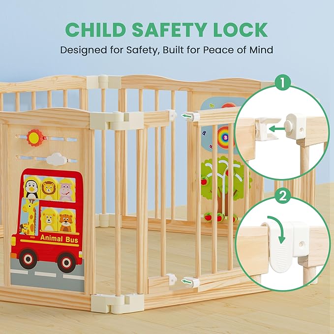 Foldable Wooden Playpen - Adjustable Wood Baby Play Yard with Child-Proof Lock, Indoor Large Safety Fence for Babies and Toddlers - Easy Assembly, 6 Panels with Sensory Toys
