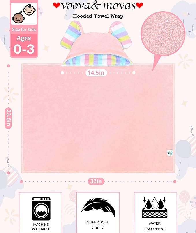 VOOVA & MOVAS Baby Hooded Bath Towel - 100% Cotton, 33x23.5 Inches,0-3Years,Super Absorbent Large Towel with Cute Elephant Ears Hood for Newborn, Baby, Toddler,Pink