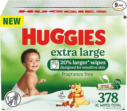 Huggies Extra Large Baby Wipes, Unscented, 9 Flip-Top Packs, 378 XL Wipes Total, Packaging May Vary