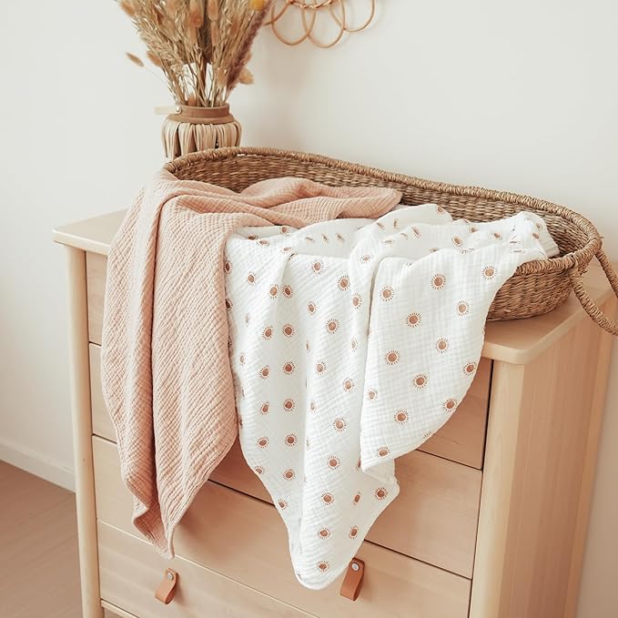 Konssy 2-Pack Muslin Hooded Baby Towels, 100% Cotton, Ultra-Soft & Absorbent Baby Bath Towels with Hood for Newborn & Infant (Camel, Sun,30" x 30")