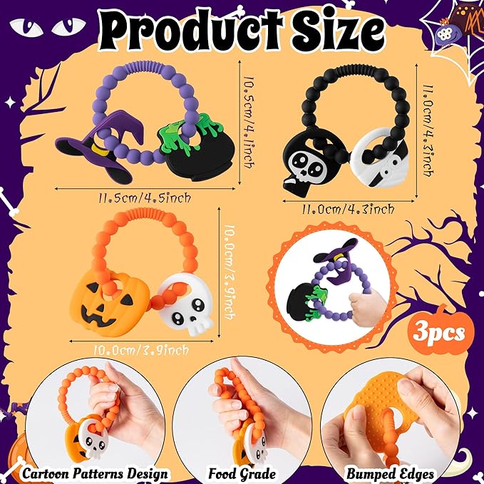 Silicone Teether Toys for Babies - 3Pcs Halloween Themed Teething Ring, Pumpkin Skull Baby Sensory Chew Toys with Rattles for Newborn Boy and Girl to Soothe Sore Gums, Baby Shower Birthday Gifts