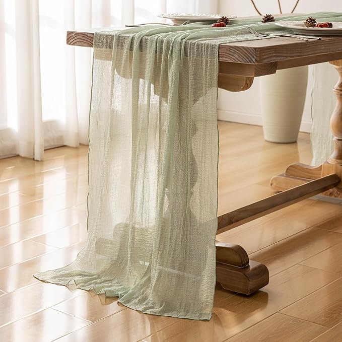 Keketo Sage Green Table Runner Cheesecloth 120 Inch 10 FT Rustic Boho Cheese Cloth Table Runner for Wedding Baby Shower Bridal Shower Sheer Gauze Centerpiece Home Decorations