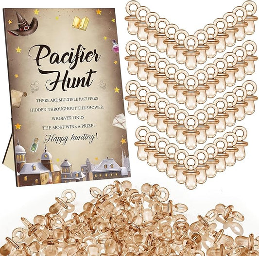 Thyle 51 Pcs Pacifier Hunt Baby Shower Games Include Hunt Sign and 50 Acrylic Pacifiers for Baby Shower Game Decoration Gift Sets Gender Reveal Party Decor(Magical Wizard)
