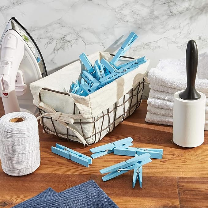 Juvale Wooden Clothes Pins 100-Pack - Light Blue 3.9 in - Wood Clips for Laundry & Crafts - Clothes Pins for Crafts with Spring Grip