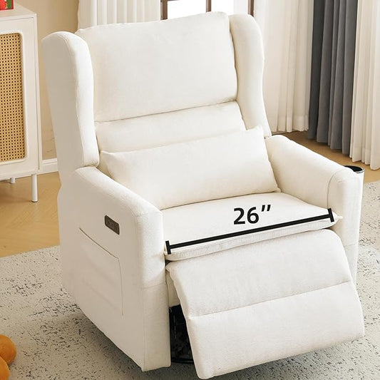 Oversized Swivel Rocker Recliner Chair, 26" Extra Wide Glider Nursery Chair with Adjustable Headrest, Chenille Power Recliner Rocking with Double Cushion, Cup Holder, White