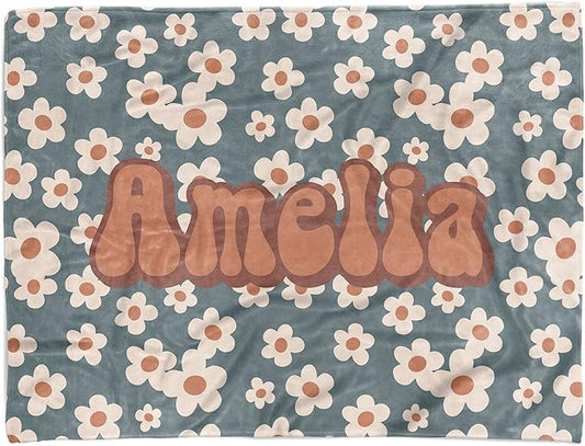 Personalized Baby Blankets for Girls, Customized Retro Flowers Baby Blankets for Girls, Best Gift for Baby Girl, Newborn, New Mom, Super Soft Plush Fleece, 30''x40''