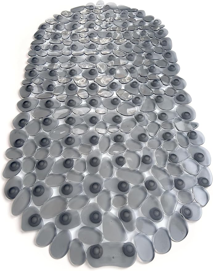 “Pebbles” Non-Slip Bathtub & Shower Mat 27”x14” Oval - Non-Toxic - Safe, Clean, Machine-Washable, Superior Grip & Drainage, Vinyl, for Smooth Floors ONLY, Transparent Gray