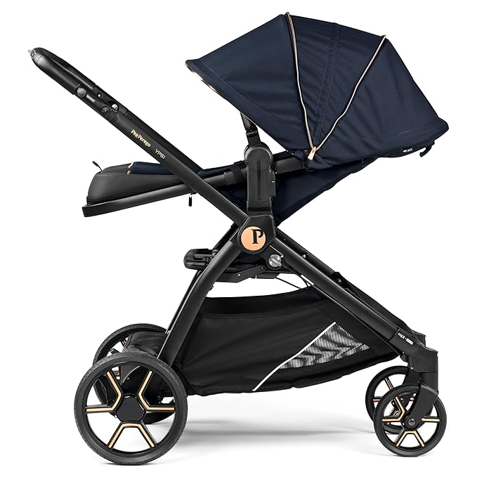 Peg Perego Ypsi – Compact Single to Double Stroller – Compatible with All Primo Viaggio Infant Car Seats & Ypsi Bassinets - Made in Italy - Blue Shine (Blue & Copper)
