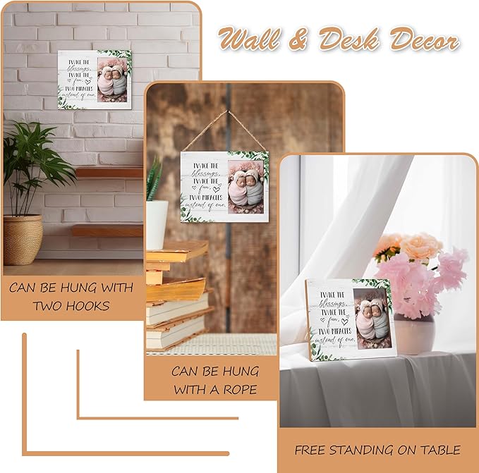 Twins Photo Frame - Twice The Blessings Twice The Fun Pregnancy Announcement Picture Frame - Baby Twin Gifts - Twin Boys Girls Gifts For Babies, Twins Gifts For Mom -B04