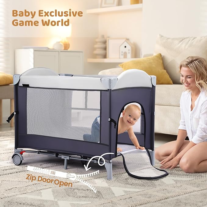 JOYMOR Pack and Play with Changing Table, 5-in-1 Portable Baby Bedside Bassinet with Storage, Travel Crib with Carry Bag, Compact Fold (Gray)