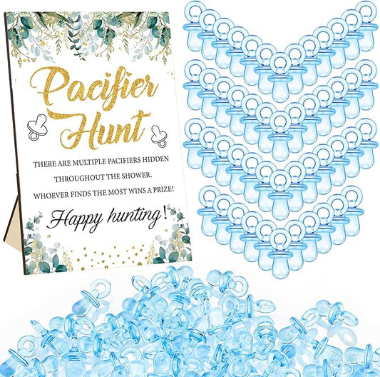 Thyle 51 Pcs Pacifier Hunt Baby Shower Games Include Hunt Sign and 50 Acrylic Pacifiers for Baby Shower Game Decoration Gift Sets Gender Reveal Party Decor(Greenery)