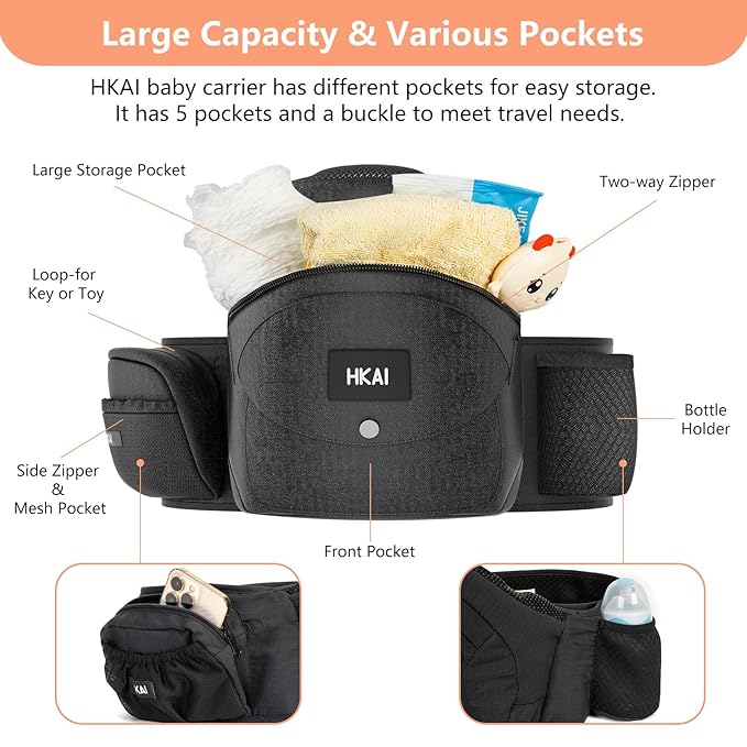 HKAI Baby Carrier Hip Seat, Mom’s Choice Award Winner, Advanced Large Capacity Pocket with Adjustable Waistband, Shock Absorption Hip Seat Surface for Newborns & Toddlers, (Black)