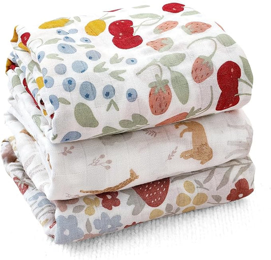 Muslin Swaddle Blankets for Baby Boys and Girls,3 Pack Breathable Soft Receiving Blanket,Large 43.3X 43.3 inches,Newborn Essentials Must Haves(Floral and Animal)