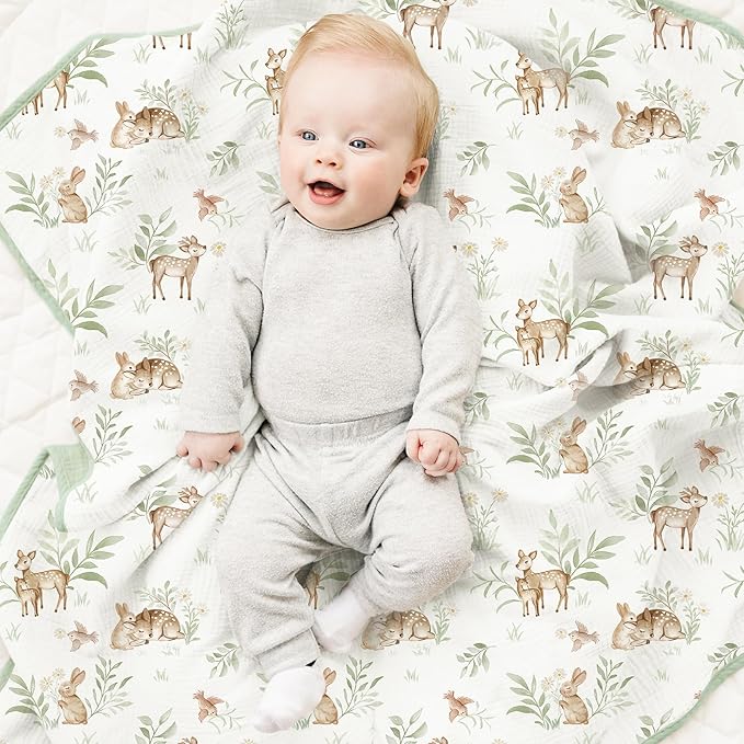 Konssy Muslin Baby Blankets for Girls Boys, 100% Cotton Crib Blanket for Infant Toddler, Super Soft and Lightweight Nursery Swaddling Wrap 40"x36" (Woodland)