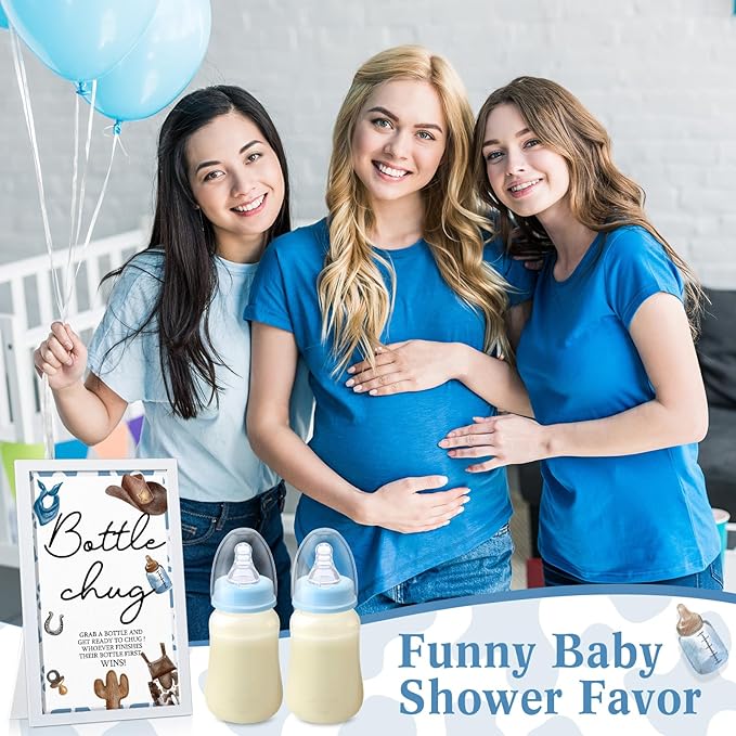 Roowest Bottle Chug Baby Shower Game Sign Wooden Game Table Decor 18 Pcs Baby Bottles 120 ml Mini Milk Bottles Baby Bottles for Baby Shower Game Gender Reveal Party (Blue,Cowboy)