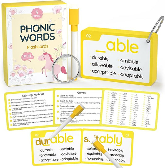 WJPC 116 Set Phonics Suffix Words Flash Cards,Phonic Sigh Words Flash Cards for 7,8,9,10,11,12 Years 2nd, 3rd, 4th, 5th Grade Boys&Girls&Kids Learning Writing Reading