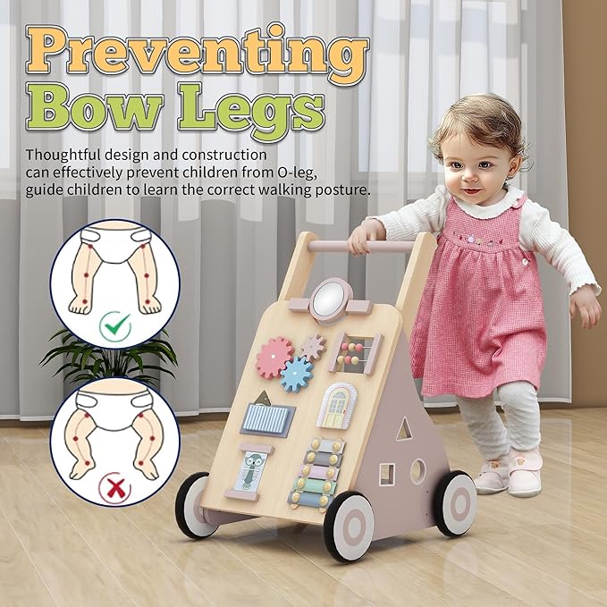 Wooden Baby Walker, Baby Push Walker Adjustable Height and Speed Multiple Learning Activity Walker Baby Walker with Wheels for Girls 6-12 Months, Pink