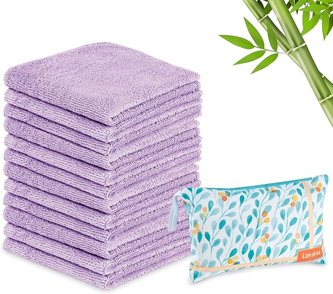 Lavien Home 12 Pack Rayon from Bamboo Washcloths with Multi-Purpose Clutch Bag, Ultra-Soft Absorbent Towels for Face, Body, Shower, Make-Up, Baby, and More - Cloud Touch 10"x10" (Lilac)