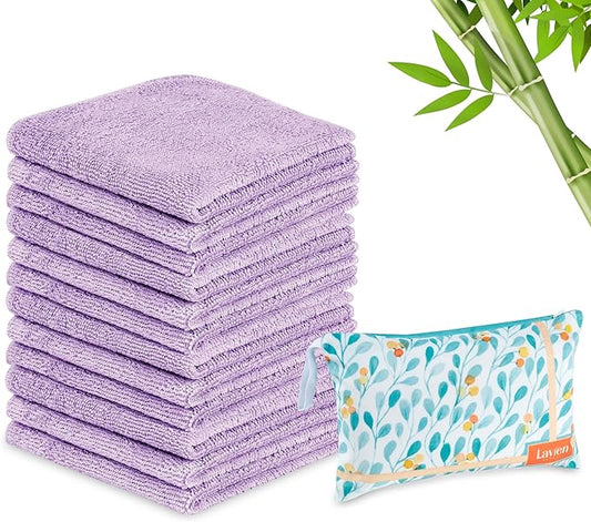 Lavien Home 12 Pack Rayon from Bamboo Washcloths with Multi-Purpose Clutch Bag, Ultra-Soft Absorbent Towels for Face, Body, Shower, Make-Up, Baby, and More - Cloud Touch 10"x10" (Lilac)