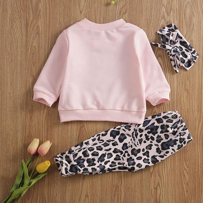 Madjtlqy Newborn Baby Girls Clothes Daddy Saying Top Printed T-Shirt Leopard Pants+Headband Sweatshirt Outfit Set