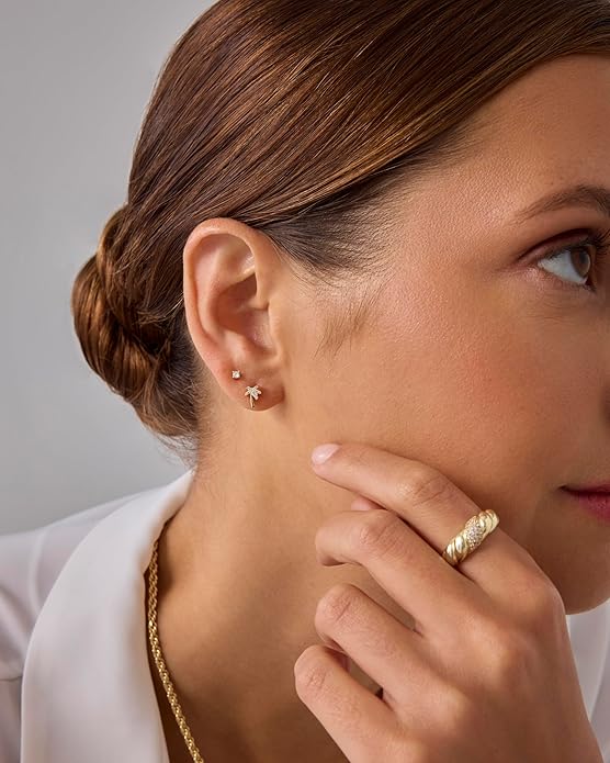 PAVOI 14K Gold Plated Dainty Flat Back Earrings for Women - Hypoallergenic Sterling Silver Posts Helix Cartilage Piercing Jewelry - Emoji Motif Bow Celestial Flatback Gold Stud Earrings Screw Back