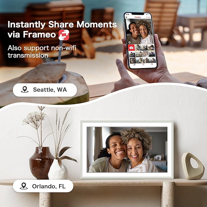 Digital Picture Frame, 15.6 Inch Frameo Digital Frame WiFi, 1920*1080 IPS FHD Touchscreen, 32GB, Tabletop&Wall-Mounted, Share Picture Video, Electronic Photo Frame Slideshow, Gifts for Mom, White Clay