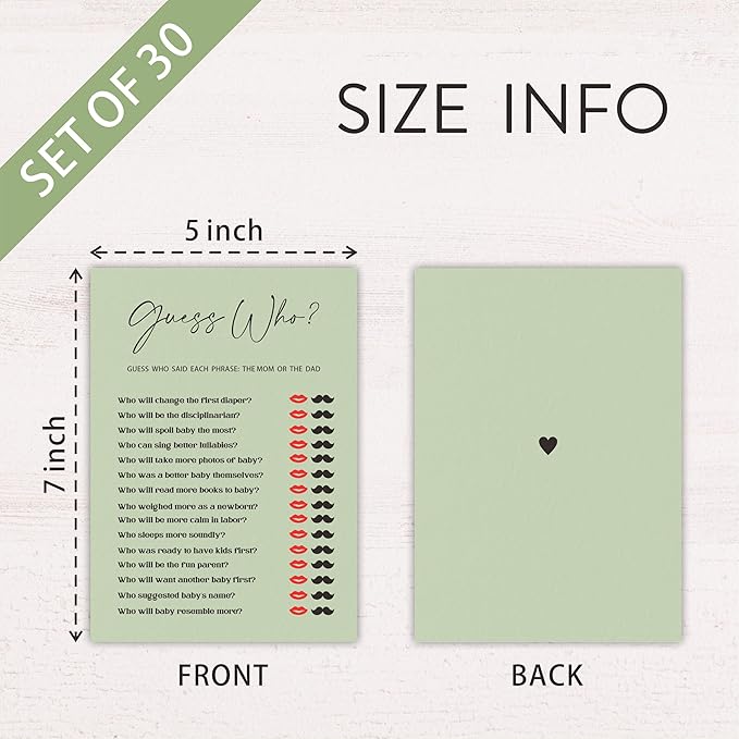 30 Pcs Minimalist Green Baby Shower Game Cards, Guess Who Game, Baby Shower Games To Play With Family And Friends, Baby Announcement, Gender Reveal Party Supplies - A04