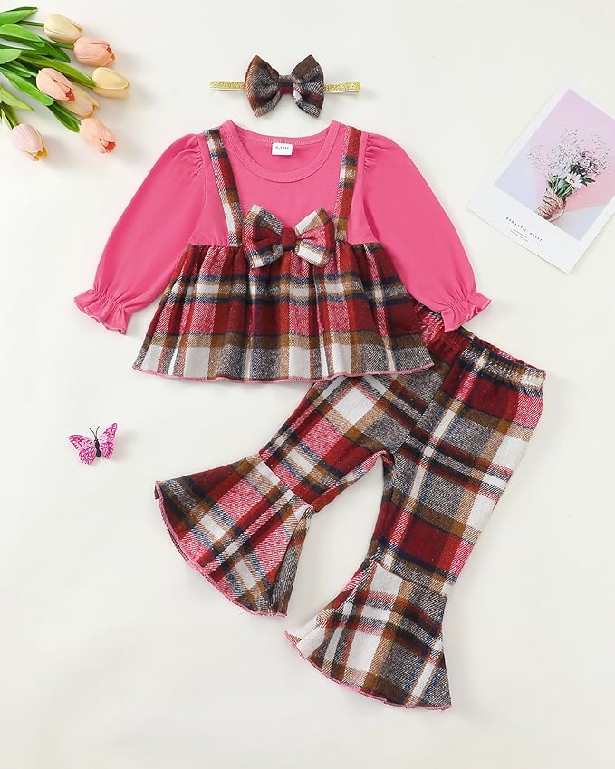 Kucnuzki Toddler Baby Girl Clothes Outfit Long Sleeve Plaid T Shirt Top Flare Leggings Pants 2 Piece Outfit Kids Clothes